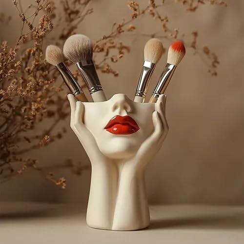 Women's Head Shape Boho Feminist Decoration Body Vase Head Vase Vintage Makeup Brush Holder Boho Makeup Organizer Rotating Makeup Organizer Idealized for Home Decor (D)