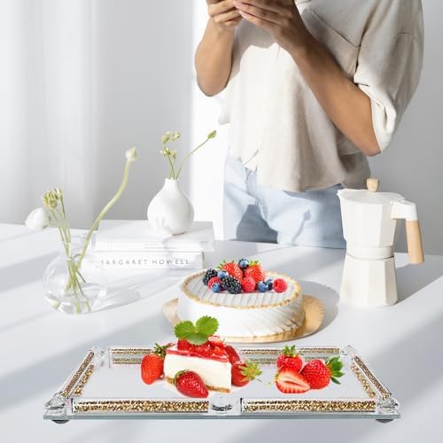 Gold Glass Tray, 11.8" x 7.9" Decorative Crystal Glass Cosmetic Perfume Display Tray for Gorgeous Dresser Countertop,Noble Jewelry Organizer with Diamond for Home Decor,Banquet Party