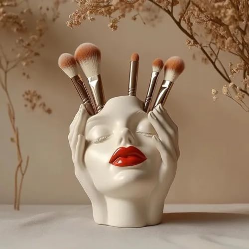 Women's Head Shape Boho Feminist Decoration Body Vase Head Vase Vintage Makeup Brush Holder Boho Makeup Organizer Rotating Makeup Organizer Idealized for Home Decor (A)