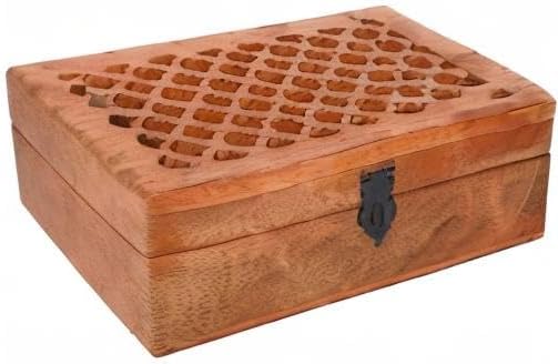 Samhita Mango Wood Decorative Wooden Box with Hinged Lid in Jali Carvings Used as Storage Box Christmas Gifts Items (9" x 6" x 3')