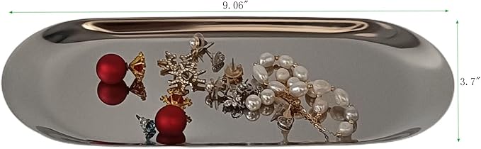 Stainless Steel Decorative Storage Organizer Plate,Dish Plate Tea Tray Fruit Trays for Jewelry, Fruit, Food, Makeup Cosmetic, Towel, Perfume, Candle Trimmer, Silver, Oval, 9.06" x 3.7"
