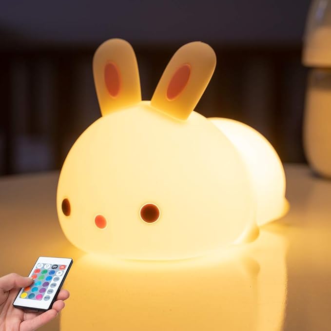 One Fire Easter Bunny Gifts for Kids Night Light with Remote, 16 Colors+5 Brightness Cute Lamp,Easter Bunny Decor/Stuff/Toys for Baby Toddler Soft Silicone Night Light, 1200mAh Portable Bunnies Lamps