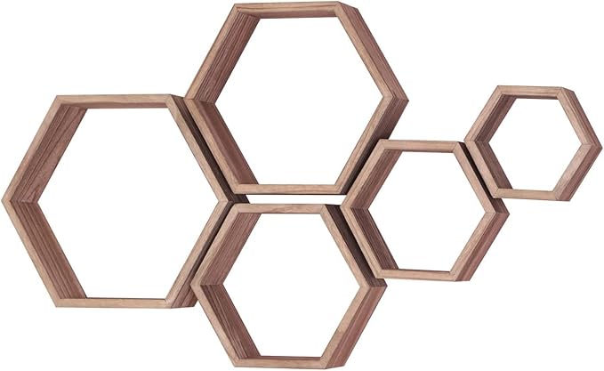 PHOENANCEE Hexagon Floating Shelves,Honeycomb Shelf Set of 5,Octagon Shelves Wall Mounted Hanging Storage Cube Wood for Bathroom Kitchen Bedroom Living Room Office Home