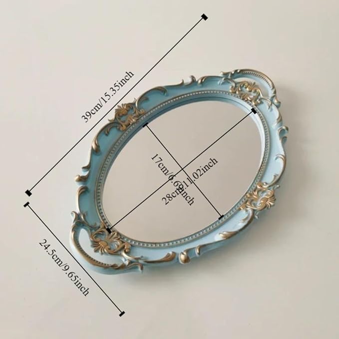 Dresser Organizer Tray, Oval Vintage Decorative Mirror Tray,Cosmetics Makeup Storage Organizer, Decorative Perfume Mirror Trays Serving Trays(Blue)