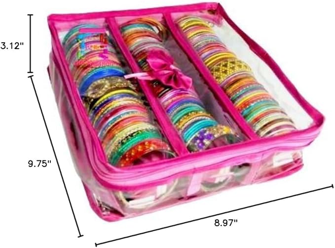 atorakushon Satin 3 Rods Jewellery Bangle Storage Box Chudi Set Organizer Zipper Makeup Pouch Travelling Bag for Women (Pink | Pack of 1)