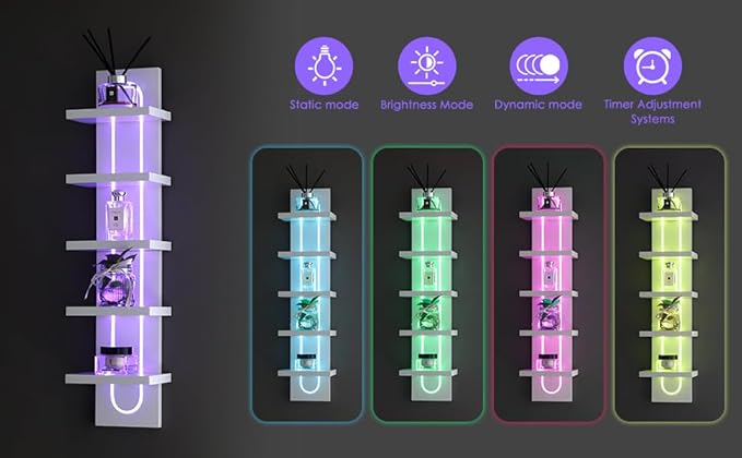 Exclusive U-Shaped 5-Tier Compact Narrow Wall Shelf Unit with RGB Lighting, Modern Vertical Shelf for Vanity, Ideal for Anime Figures, Perfumes, Cosmetics, Collectibles,White