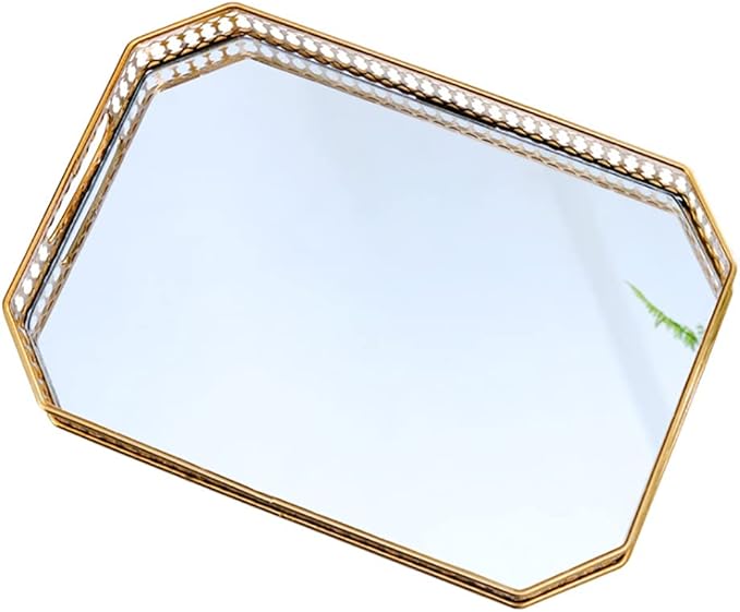 Metal Vintage Octagon Glass Surface Mirror Tray,Luxurious Makeup Perfume Holder,Golden Serving Plate,for Makeup Brushes/Lipstick/Skincare/Perfumes/Bathroom Accessories.
