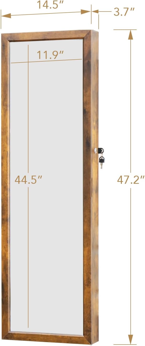 LED Jewelry Cabinet with Mirror - 47.3" Mirror Jewelry Armoire Door Hanging/Wall Mounted Mirror with Storage And Drawers Rustic Brown