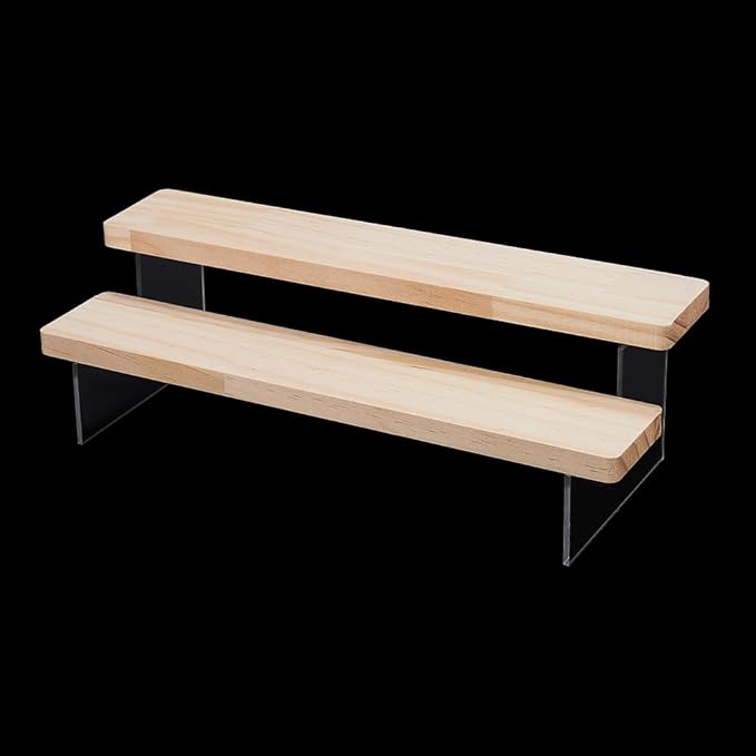 NBEADS 2-Tier Wooden Display Riser Shelf, Blanched Almond Tabletop Small Model Stand Risers Acrylic Display Makeup Step Perfume Organizer for Cosmetics Figure Collection, 11.7x4.3x3.5inch