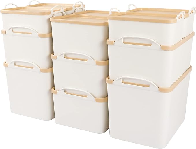 ANMINY 12PCS Plastic Storage Bins Containers with Lids, Large Storage Organization Bins Boxes, Lidded Plastic Storage Baskets for Closet Shelves Desktop, Wheat Lids, 2XL + 4L + 2M + 4S