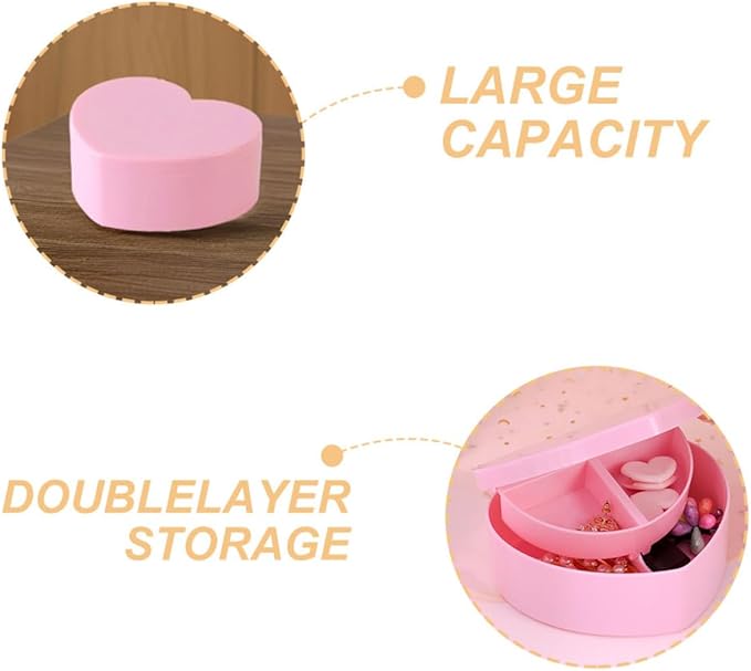 2pcs Heart Shaped Jewelry Box, Small Double Layer Trinket Organizer with Makeup Mirror, Earring and Ring Storage Case in Cherry Blossom Pink for Bedroom Use