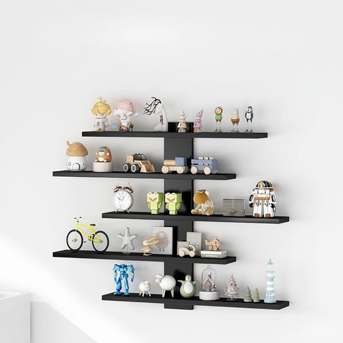 5-Tier Floating Wall Mounted Shelves, Wall Display Storage Shelf for Anime Figurines, Dolls, Plants & Statues, Decorative Organizer for Bedroom, Living Room, Study Room,Office(Black)