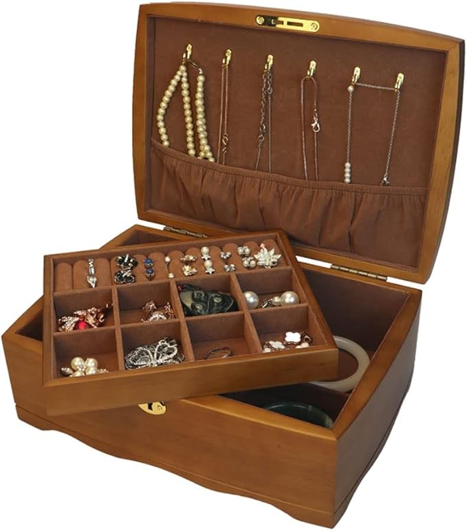 VSULZVNU Makeup Organizers Wooden Jewelry Box Retro Double-Layer Jewelry Box Storage Box Ring Earrings Necklace Bracelet Watch Storage Box 11.81 Inches Jewelry Case