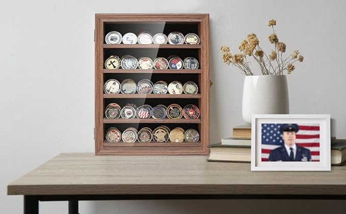 Military Challenge Coin Display Case Holder with HD Toughened Glass and Wall Mount, Wooden Coin Stand Rack with Removable 2 Grooves Shelves, Rustic Brown…