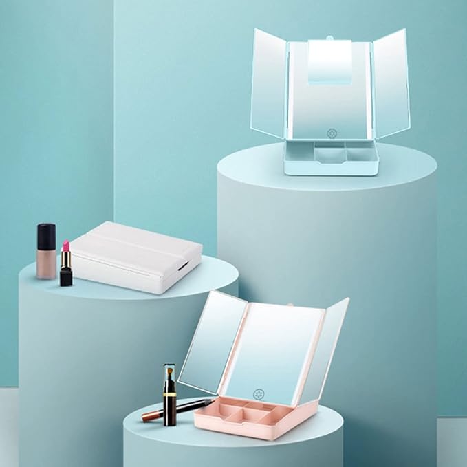Makeup Mirror Vanity Mirror - Trifold Lighted Makeup Mirror, Makeup Mirror with Organizer and Lights, Makeup Mirror with Tray, Travel Mirror, Lighted Makeup Mirror, LED Mirror,White