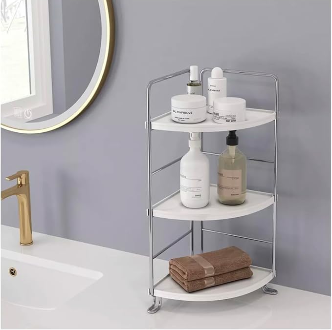 Generic 3-Tier Corner Storage Shelf Bathroom Countertop Organizer Stackable Makeup Storage., Small, White and Silver