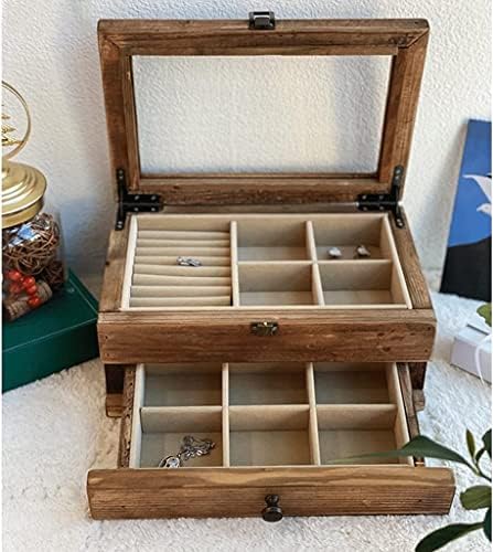 Makeup Organizer Jewelry Case Organizer Jewelry Storage Jewelry Box Solid Wood Retro Distressed Wooden Jewelry Organizer Box With Clear Lid Double-Layer Jewelry Case For Rings Jewelry Box Je
