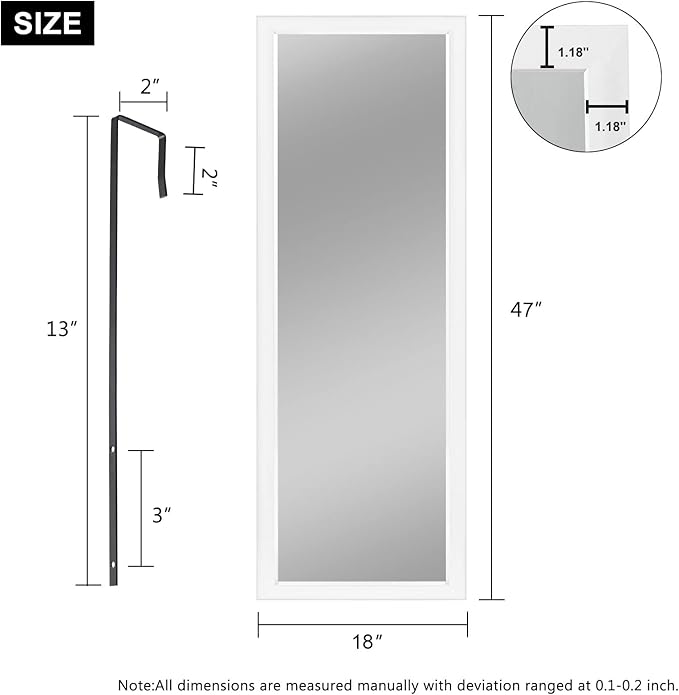 NeuType Full Length Mirror, 47x18 inches, Over The Door, Wall Mounted or Leaning, Shatterproof, White, Home Decor