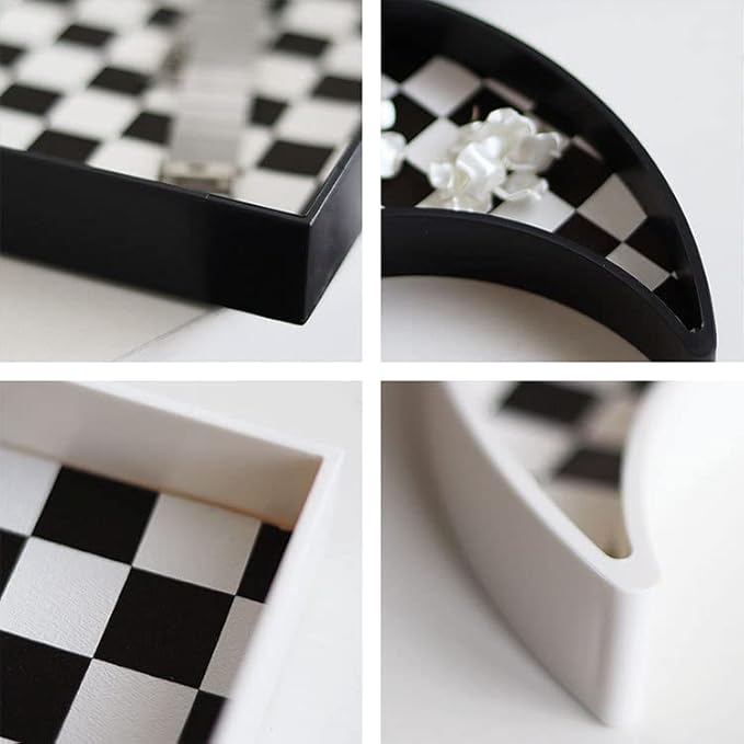 Ciandid Checkered Decorative Tray - Checkerboard Jewelry and Aromatherapy Reed Diffuser Vanity for Bathroom, White Dresser Organizer for Makeup and Perfume
