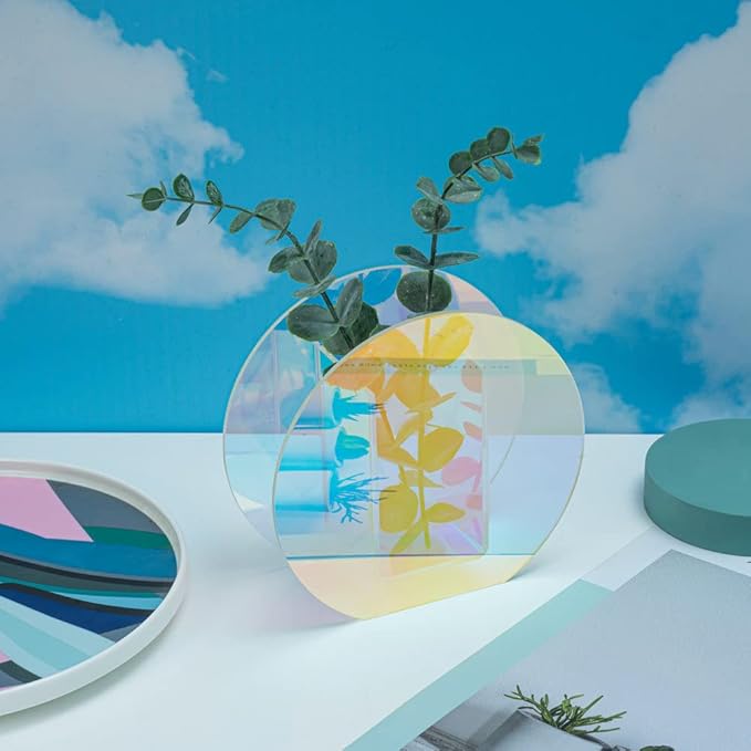 Iridescent Acrylic Vase for Artificial Flower Fake Eucalyptus Plant Leaves Office Home Decor Contemporary Tabletop Minimalist Geometric Mini Decoration Make Up Brushes Organizer Holder(RainbowRound)