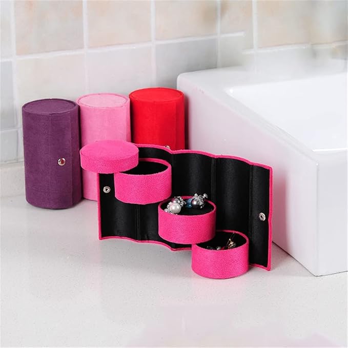 Cylinder Shaped Jewellery Storage Roll Case Velvet Travel Makeup Ring Ear Pendant Necklace Organizer Display Box (Color : B, Size : 13.5 * 7.5 cm) (B 13.5 * 7.5 cm)