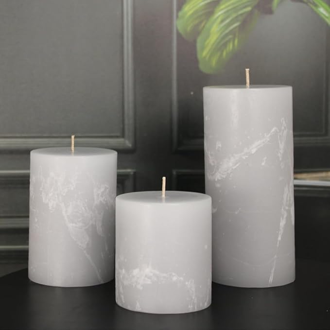 Simply Soson Grey Rustic Texture Pillar Candles 3x6 inch - Set of 3 - Unscented Decorative Grey Candles, No Drip, Ideal for Home Decor, Weddings, Holidays
