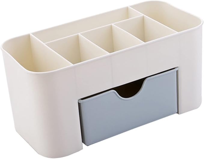 6 Compartments Cosmetics Makeup Organizer Cosmetic Storage Box with Drawer Multifunctional Makeup Desk Organizer for Home Bathroom(Blue)
