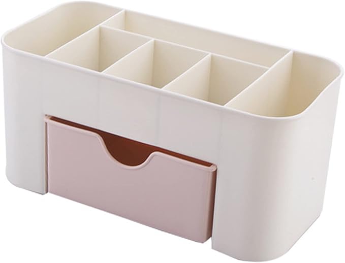 6 Compartments Cosmetics Makeup Organizer Cosmetic Storage Box with Drawer Multifunctional Makeup Desk Organizer for Home Bathroom(Pink)