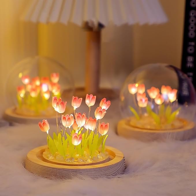 LOGAZOO (20 Flower) Birthday Gifts for Mom, Tulip Lamp Night Light with Glass Dome,Handmade Artificial Flower Table Lamp Bedroom Desk Decoration for Women Daughter Girlfriend Christmas Holiday Gift