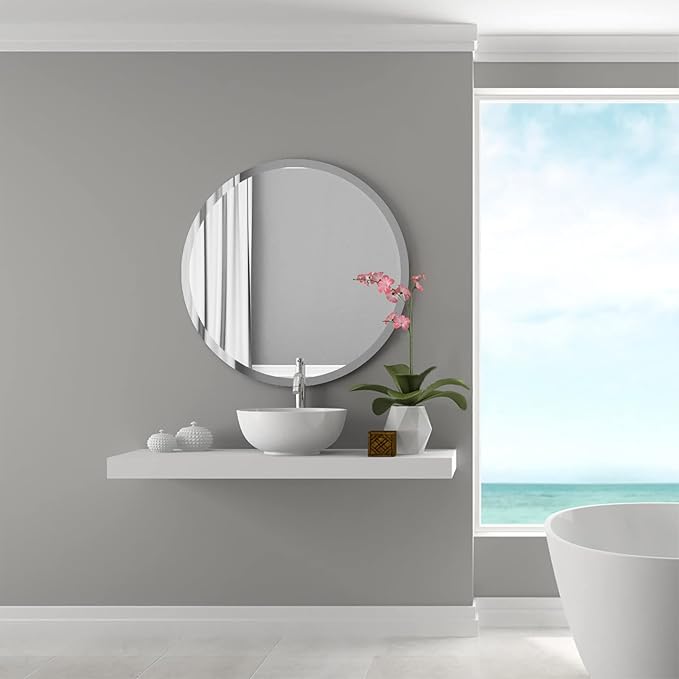 28 Inch Round Frameless Bathroom Mirror, Beveled Round Mirror, Circle Vanity Mirror with 1" Beveled Edge for Bathroom, Entryways, Living Room