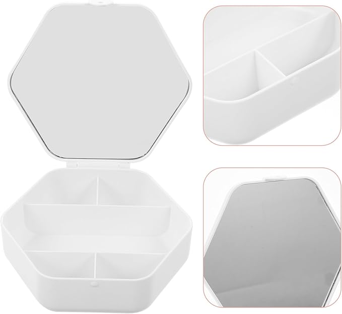 PATKAW Travel Jewelry Organizer Box with Mirror, Hexagonal Makeup and Accessory Storage Case for Women, Portable White Jewelry and Hair Clip Holder for Travel and Daily Use