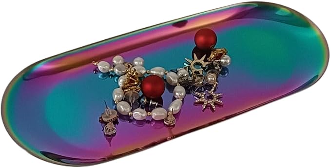 Stainless Steel Decorative Storage Organizer Plate,Dish Plate Tea Tray Fruit Trays for Jewelry, Fruit, Food, Makeup Cosmetic, Towel, Perfume, Candle Trimmer, Multi-Color, Oval, 9.06" x 3.7"