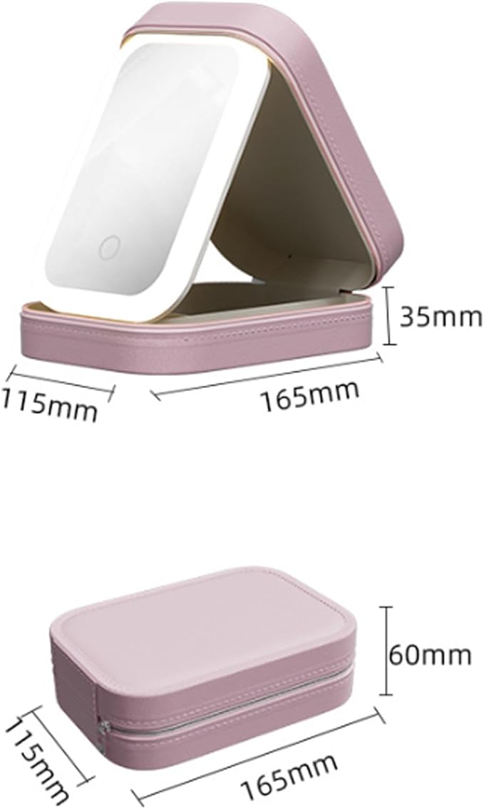 Led Three-Color Adjustable Makeup Mirror, Led Vanity Mirror Jewelry Box, Travel Portable Rechargeable Makeup Organizer with Led Lights (Pink)