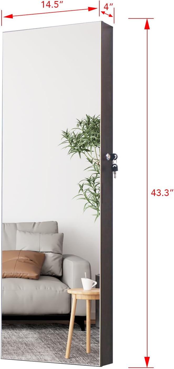 Full Length Mirror Jewelry Cabinet Organizer for Makeup and Jewelry, Lockable Door Wall-Mounted Jewelry Armoire with Shelves and Behind-the-Door Storage Rustic Brown