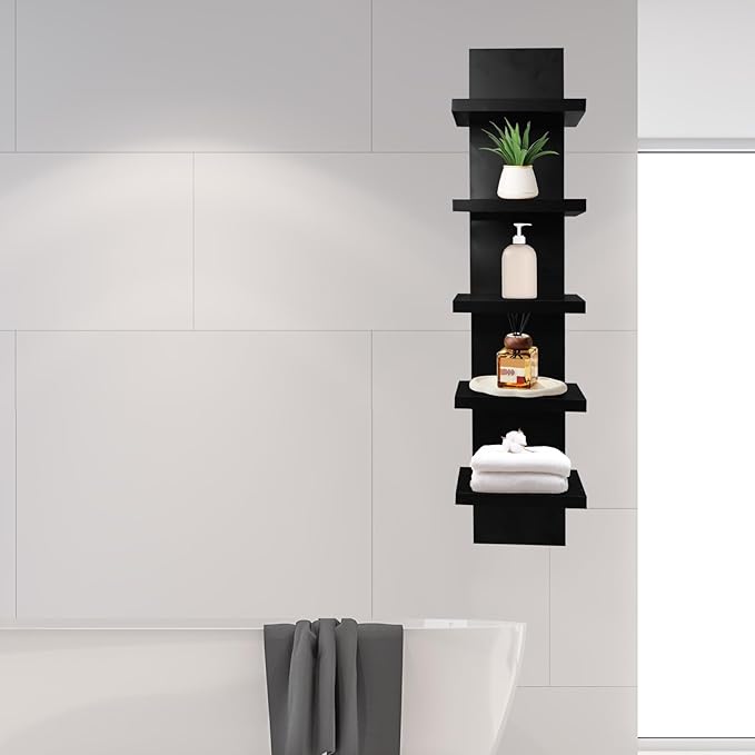 5 Tier Wall Shelf Unit, Decorative Wall Mount Vertical Shelving, Smooth Laminate Finish, Floating Storage Home Decor Organizer Tall Tower Design Utility Shelf for Bedroom Living Room (Black)
