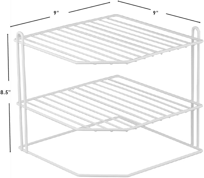 Home Basics Corner Rack, White, Vinyl Coated Steel, Rust Resistant, 2-Tier Shelf, Keeps Spices and Cups Organized, 9x9x8.5in
