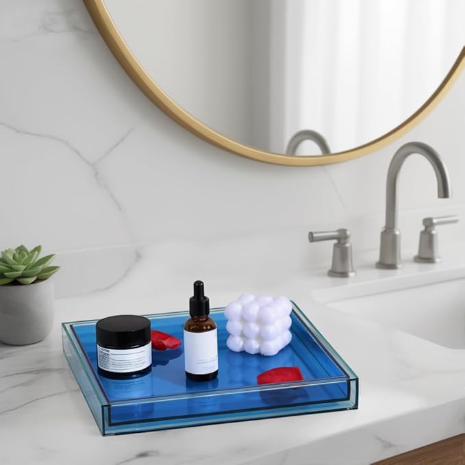 Creative Acrylic Decorative Tray, 10"x10" Modern Decorative Trays Jewelry Perfume Makeup Organizer Clear Square Bathroom Sink Vanity Tray for Bathroom, Vanity, Serving, Coffee Table, Living Room