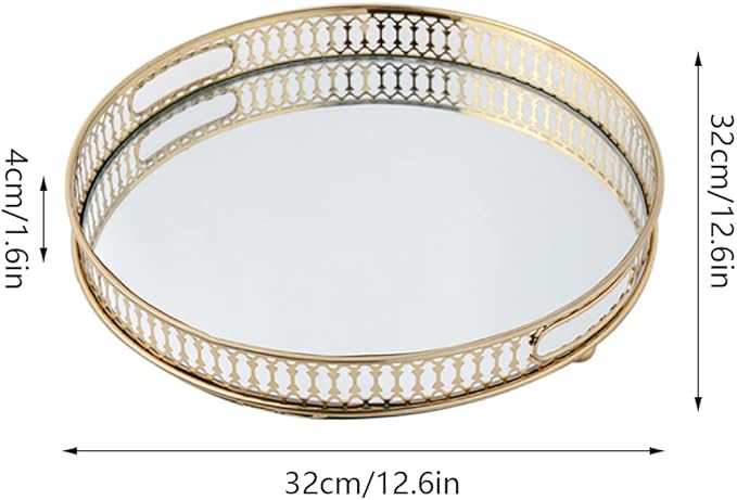 Mirrored Vanity Tray Gold Metal Perfume&Makeup Organizer Vintage Jewelry Display Storage Elegant Table Centerpiece Decorative for Dresser,Bedroom,Home Decor (Round)