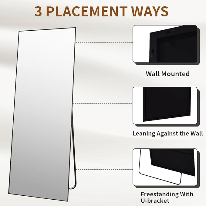 VooBang Mirror Full Length - 21" x 57" Floor Mirror with Stand, Aluminum Alloy Frame Full Body Mirror, Standing Hanging or Leaning Against Wall for Bedroom and Living Room, Black