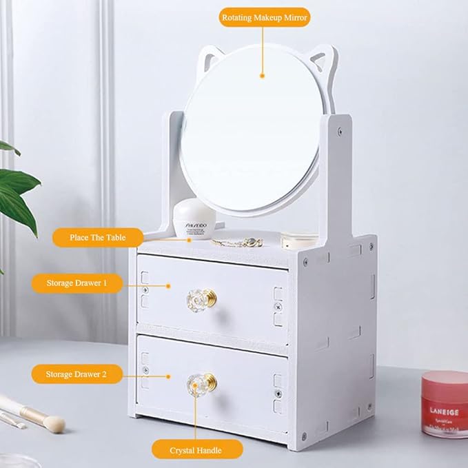 Cat Ear Vanity Mirror, Desktop Makeup Mirror with Drawer, Multipurpose Cosmetic Box, Plastic Cosmetic Storage Organizer for Home, Bedroom Supplies, White Country Brush Drawer