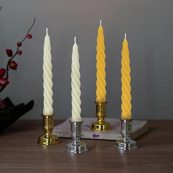12 pcs Natural Beeswax Spiral Taper Candles, Dripless Short Candle Sticks for Dinner Wedding Party Christmas Home Decorations - 7 Inch Tall- Off White