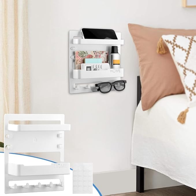 Bedside Shelf Wall Mount and Wall Nightstand for Bedroom,Adhesive Nightstand Wallshelf with 5 Hooks,Wall Mount Shelf Organizer for Charging Station and Remote Control Holder(White)
