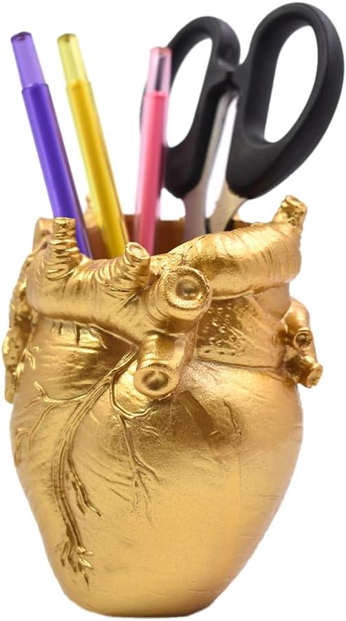 Small Human Heart Organ Shape Pen Holder Home Office Desk Storage Resin Decor, Makeup Brush Holder, 4.1" x 3.5", Golden