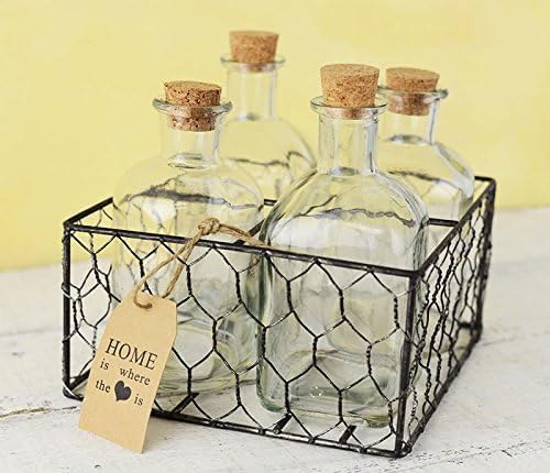 Vintage Style Glass Bottle Set with Cork Stoppers, 4 Decorative Vases in Metal Wire Storage Basket, Rustic Home Decor