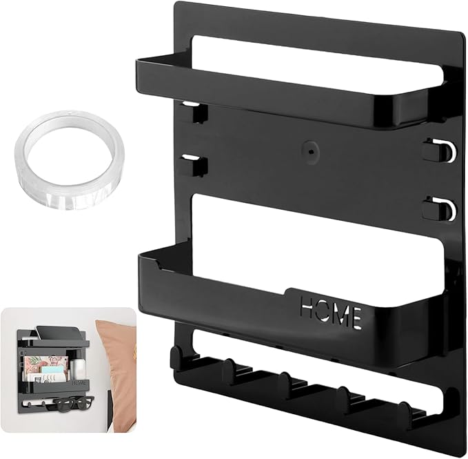 Bedside Shelf Wall Mount and Wall Nightstand for Bedroom,Adhesive Nightstand Wallshelf with 5 Hooks,Wall Mount Shelf Organizer for Charging Station and Remote Control Holder(Black)