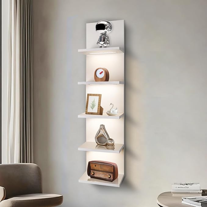 5 Tier Wall Shelf Unit, White Shelves,Lack Shelf, Wall Shelves for Bedroom,Office,Bathroom, Vanity Shelves with LED Light