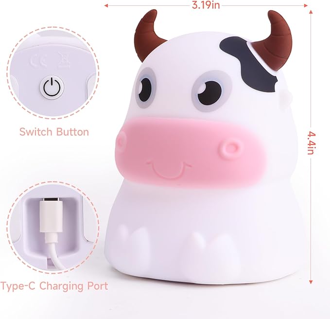 AVEKI Night Light for Kids, Portable Tap Control Rechargeable Nightlight Lamp, Color Changing, Silicone Cute Muti Color Cow Night Lamp Bedroom Decor for Infant or Toddler (Cows-USB)