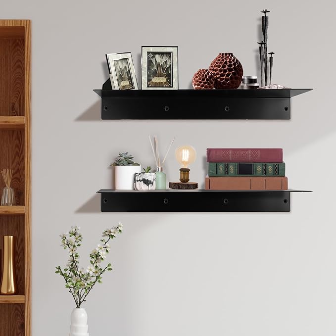 RealPlus Metal Floating Shelf 16.8" x 8" Modern Heavy Duty Steel Wall Mount Shelf, Black