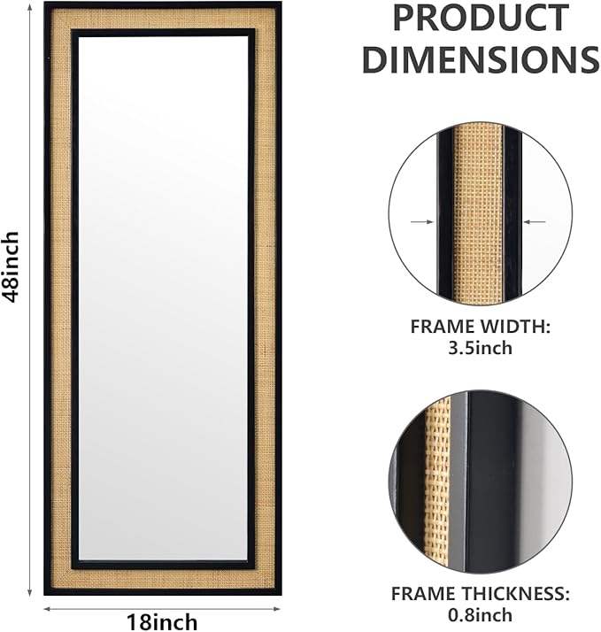 Rattan Full Length Mirror,18"x48" Long Rattan Wall Mirror,Wooden Mirror with Wicker Frame,Decorative Full Body Mirror Hanging,Farmhouse Rectangle Floor Mirror for Bathroom Living Dressing Room Black