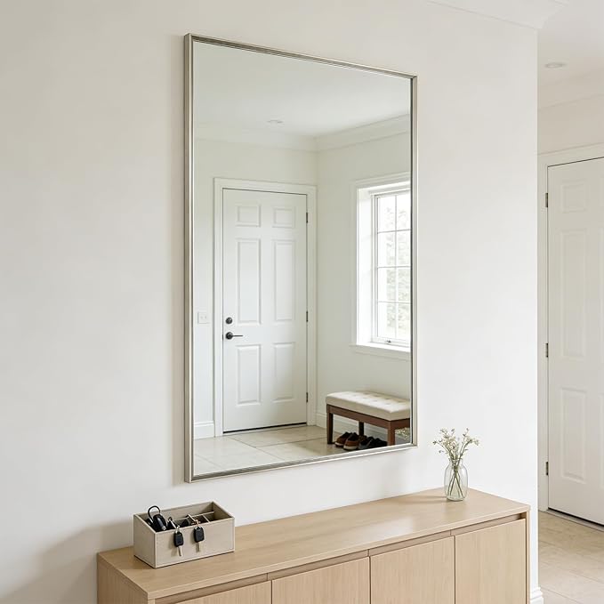 Bathroom Mirror for Wall, 30x40 Inch Metal Framed Mirror, Brushed Nickel Rectangle Mirror, Bathroom Vanity Mirror Farmhouse, Tempered Glass, Anti-Rust, Hangs Horizontally or Vertically